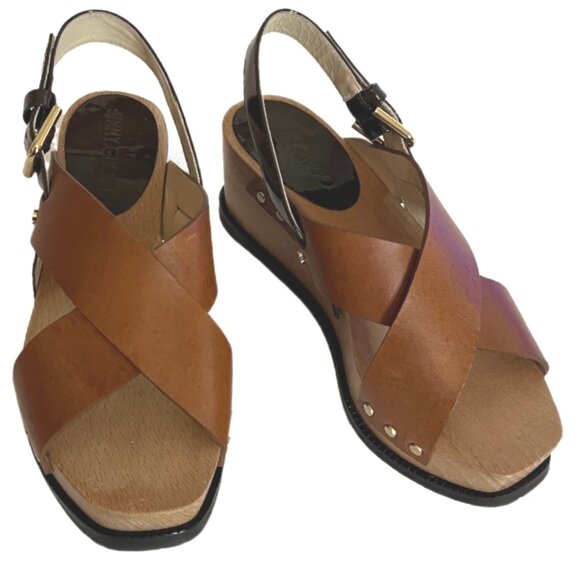 Jimmy Choo 2-Tone Brown Leather, Wood & Patent Leather Wedge Stud Sandals Size 5 main image 0